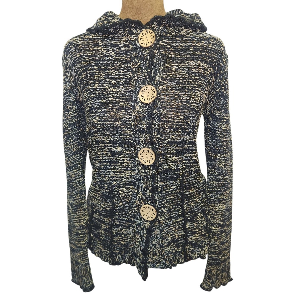 BCBGMAXAZRIA Sweater Hoodie Cardigan Size M Button Up Knit Black Tan Women's